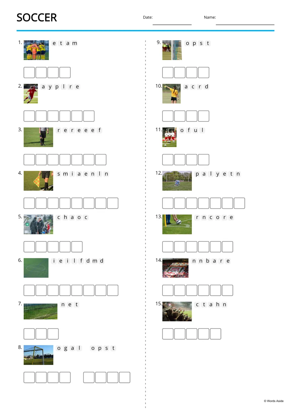 Soccer anagrams: students unscramble 15 soccer words like team, referee and goal post, each shown with a photo clue