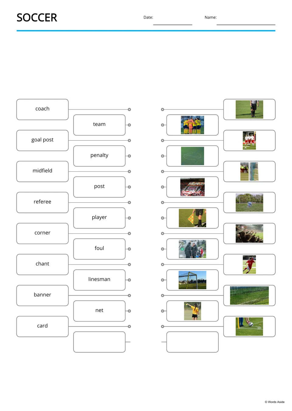 Soccer vocabulary matching: students draw lines from 15 words such as coach, penalty and linesman to the matching photos