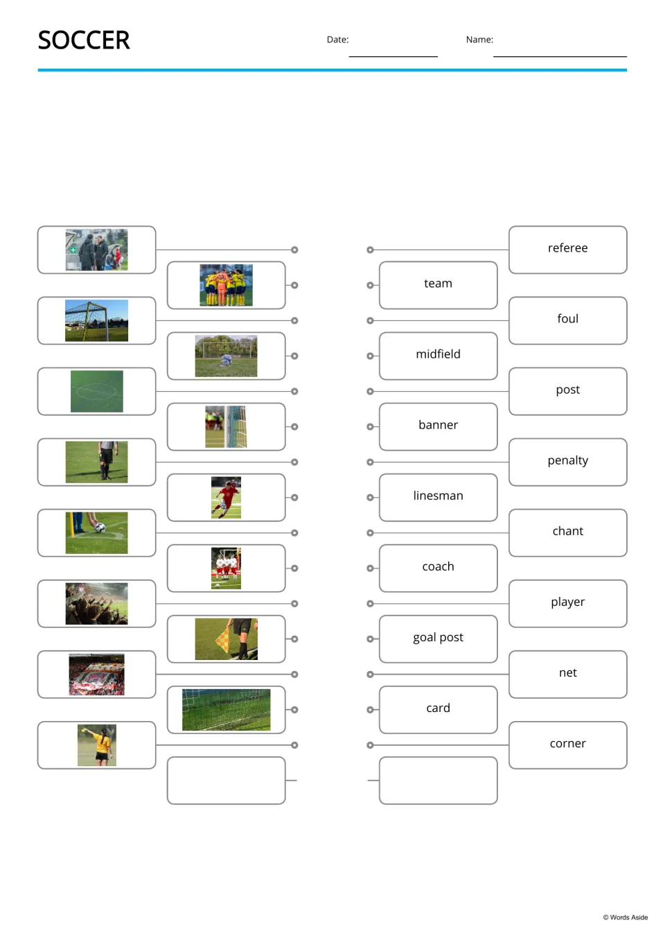 Soccer photo-to-word match: students link 15 photos on the left to words like referee, banner and corner on the right