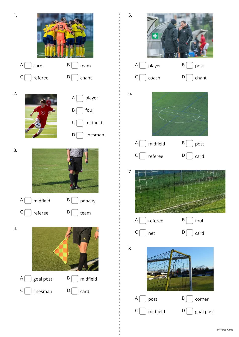 Soccer vocabulary quiz, items 1-8: students look at each photo and tick the correct word from four choices