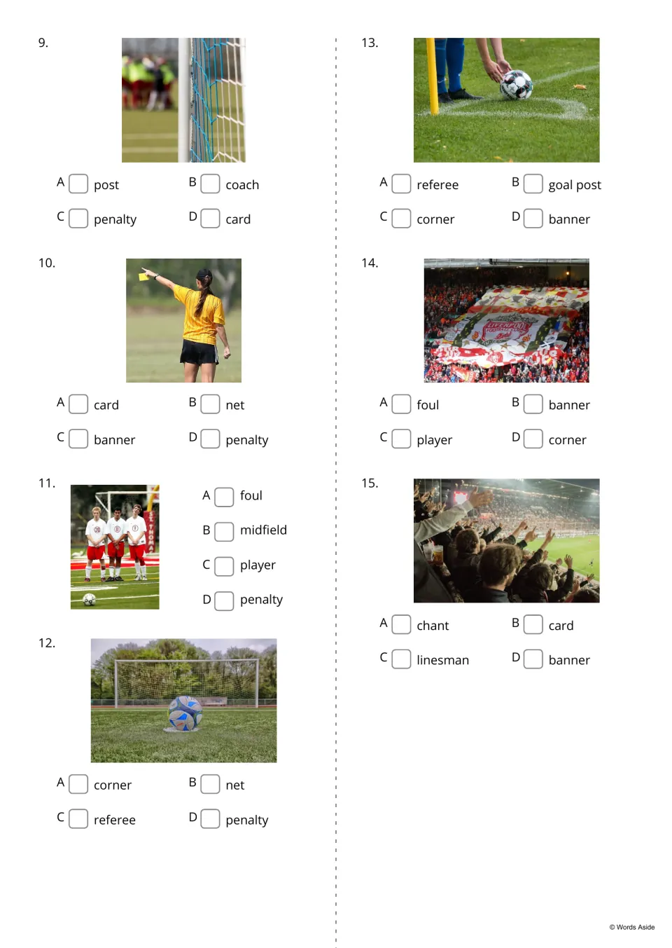 Soccer vocabulary quiz, items 9-15: students pick the word for photos of a goal post, yellow card, corner kick and fans