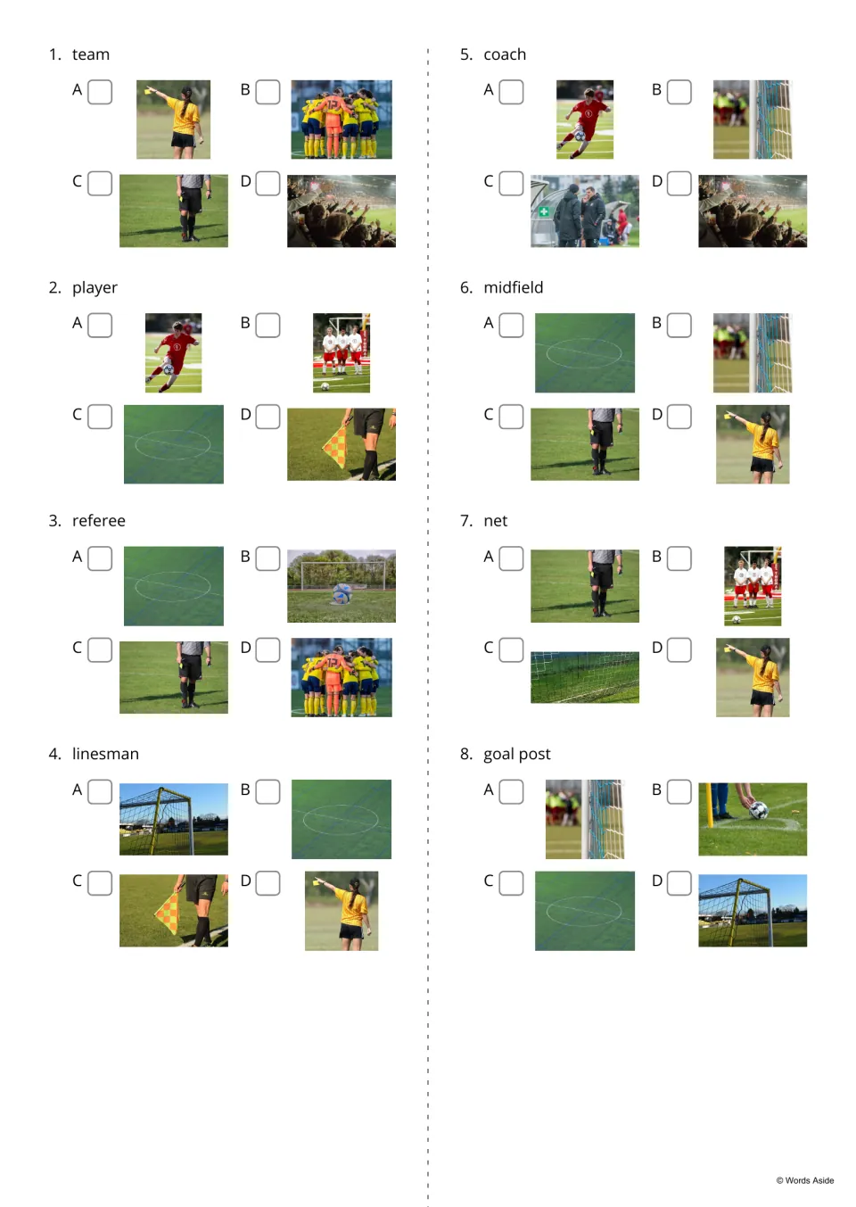 Soccer word-to-picture quiz, items 1-8: students read a word such as team, referee or net and tick the matching photo