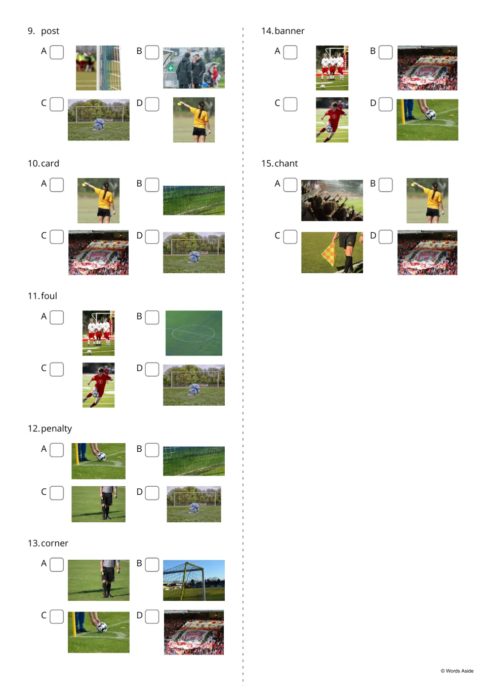 Soccer word-to-picture quiz, items 9-15: students tick which of four photos shows post, card, foul, penalty or chant