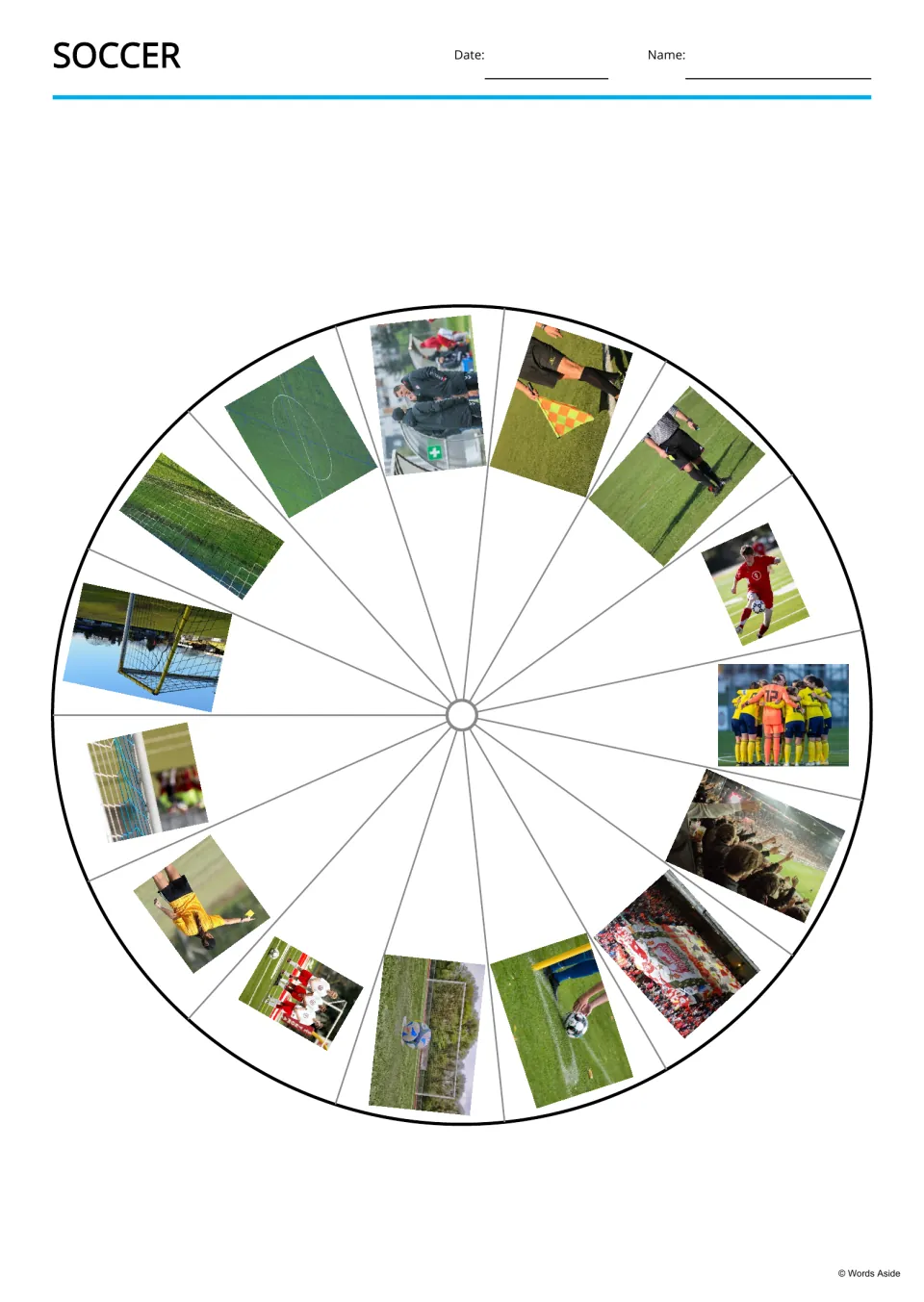 Soccer picture wheel: a circle split into 15 sections, each holding a soccer photo such as a referee, net or crowd