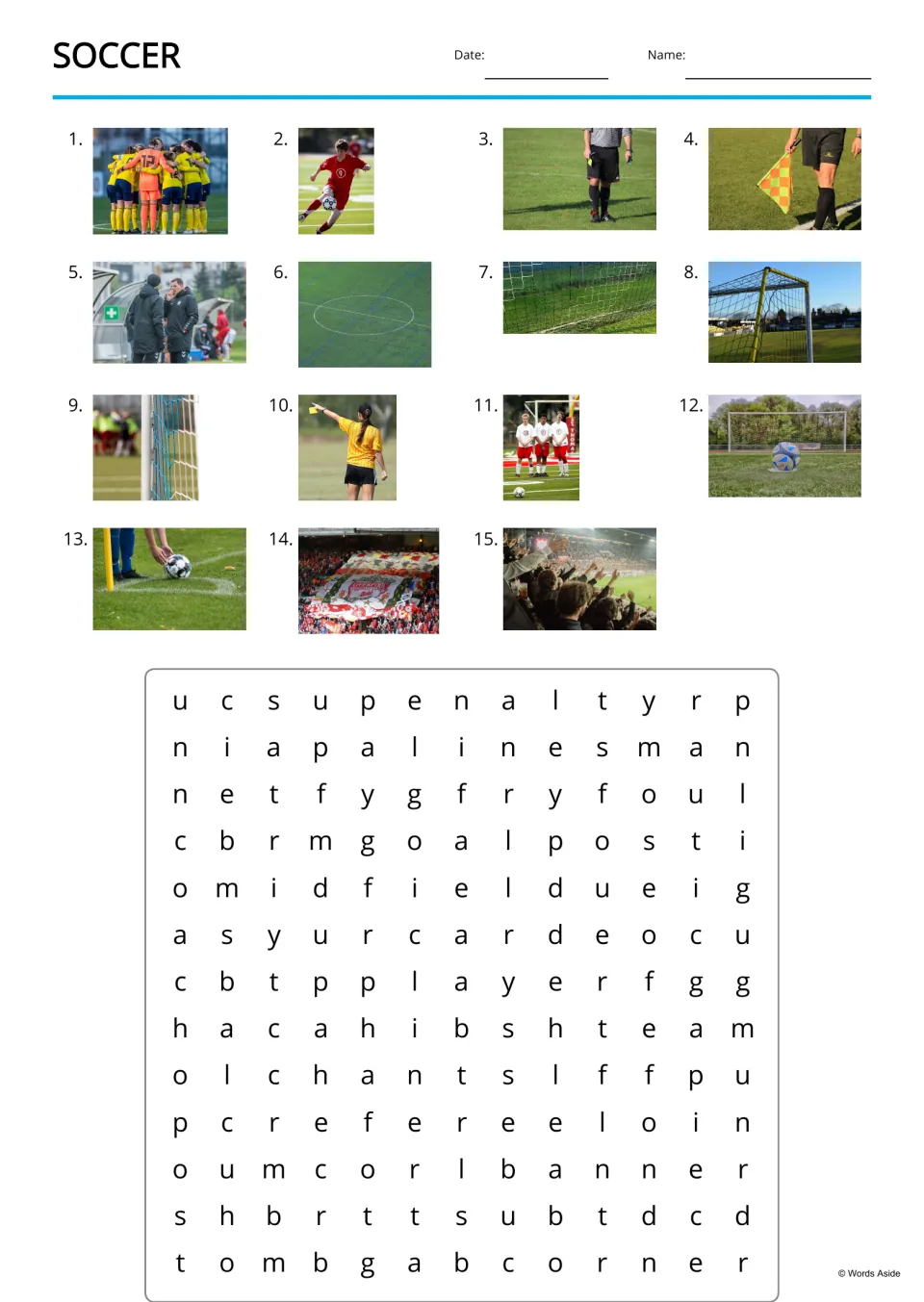 Soccer word search: students find the 15 words shown by numbered photo clues, including penalty, linesman and corner