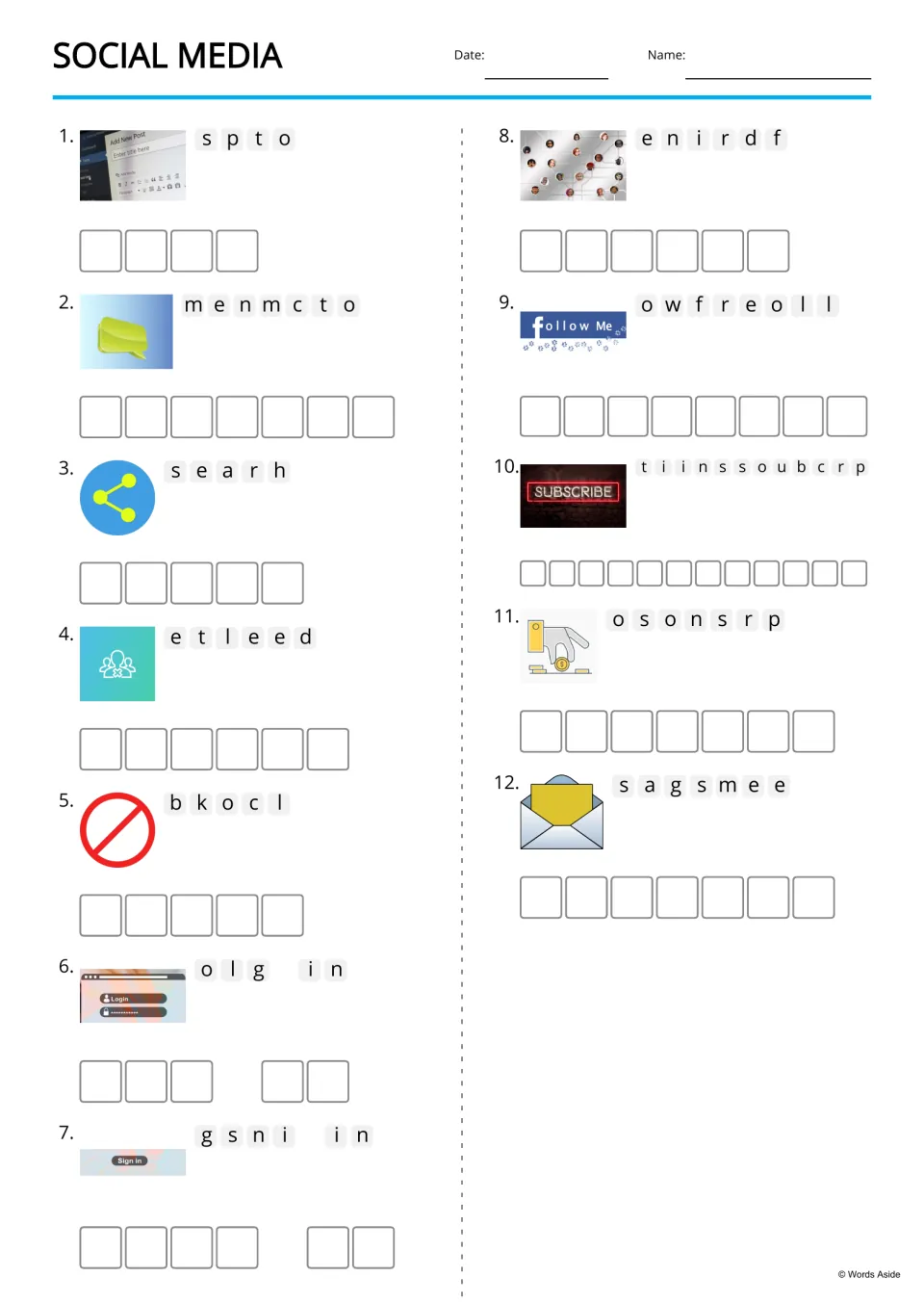Social media anagrams: students unscramble 12 picture-cued words such as spto (post) and bkocl (block) letter by letter