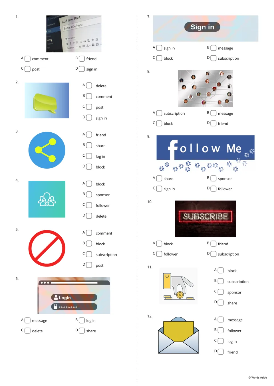 Social media word choice: for each of 12 pictures, such as an Add New Post screen, students tick the right word from A to D