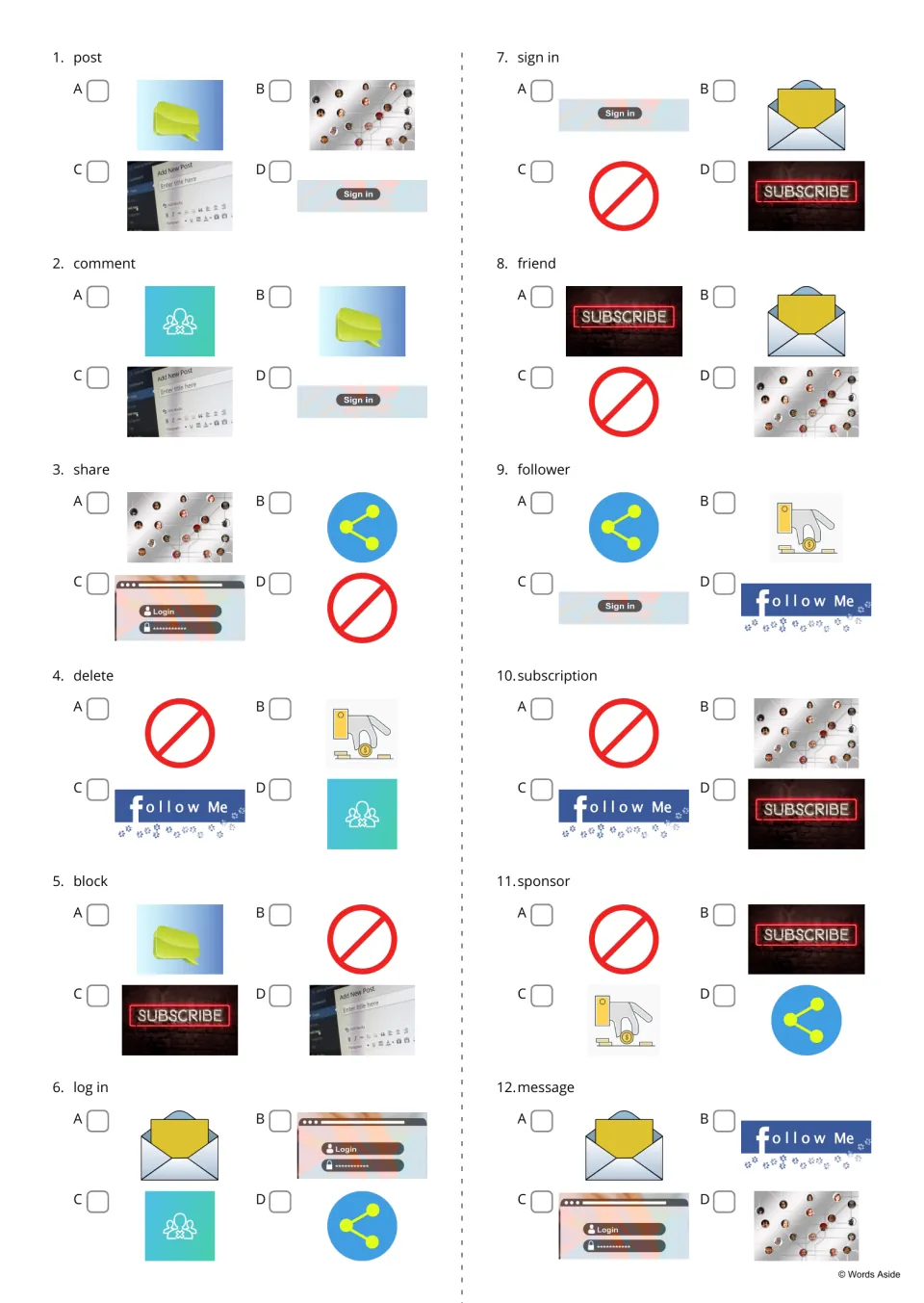 Social media picture choice: for each of 12 words, from post to message, students tick the matching picture from A to D
