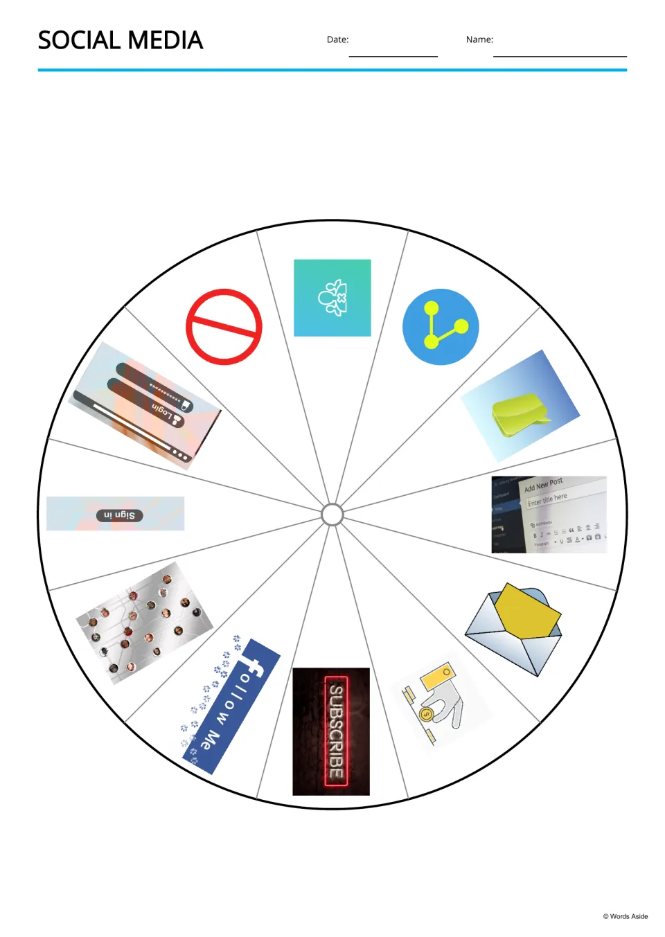Social media picture wheel divided into 12 sections, each showing one icon such as a stop sign, envelope or SUBSCRIBE sign