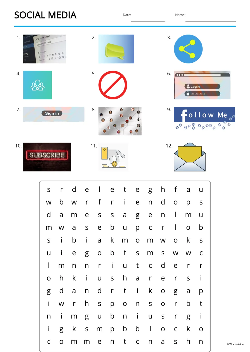 Social media word search: students find 12 hidden words like delete, friend and comment, cued by 12 numbered pictures