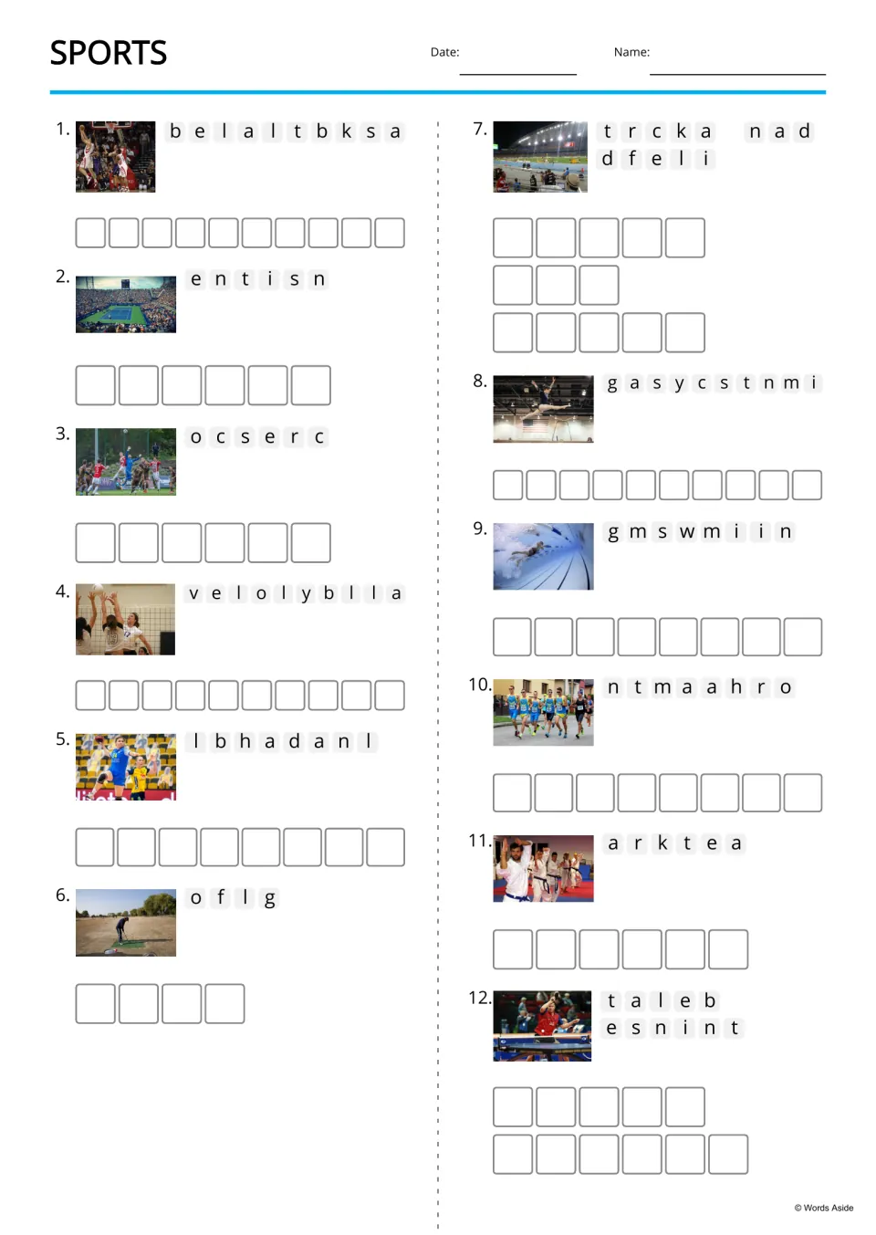Sports anagrams: students unscramble letters such as e n t i s n into 12 sport names, each beside a matching photo