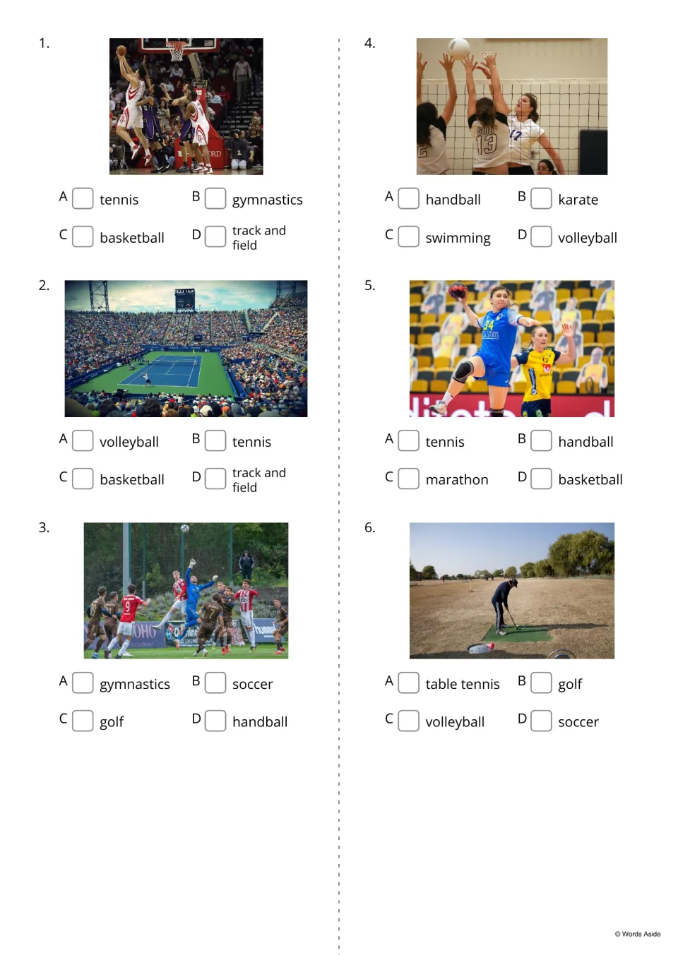 Sports multiple choice 1-6: students tick the name for photos of basketball, tennis, soccer, volleyball, handball, golf
