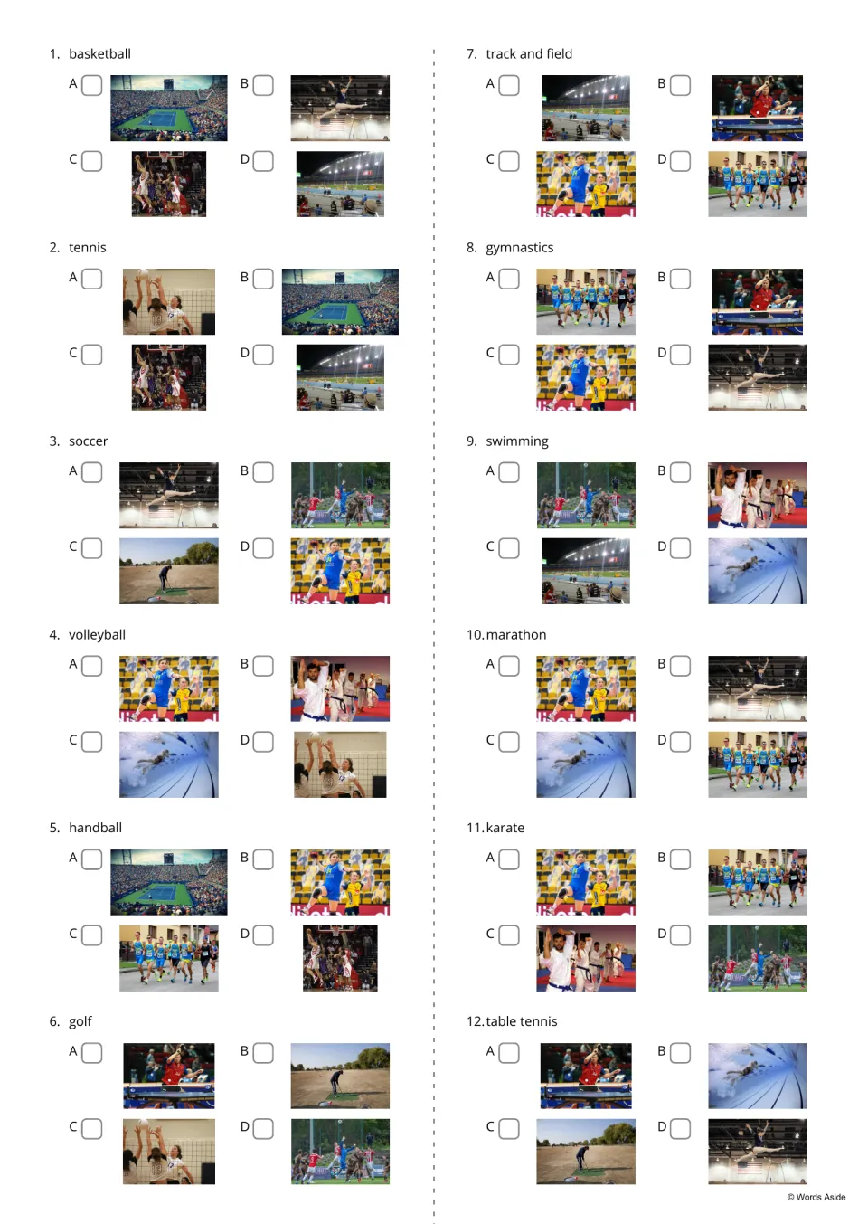 Sport word to picture choice: for each of 12 sport names, students tick which of four photos shows it, e.g. basketball