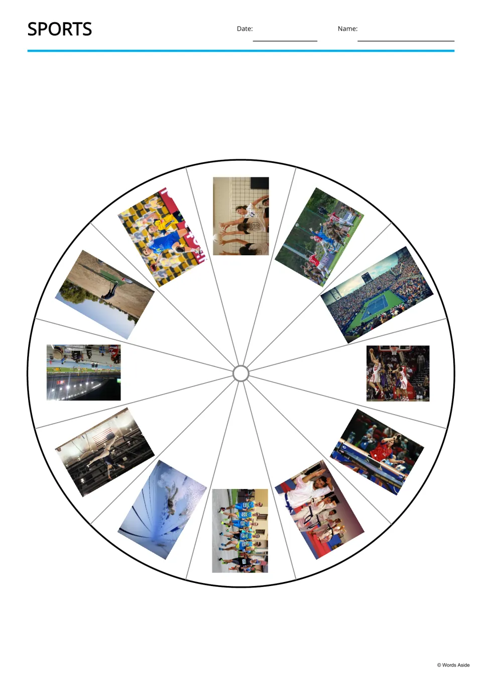 Sports photo wheel: 12 sport pictures, including volleyball, golf and swimming, set around a circle with a center hole