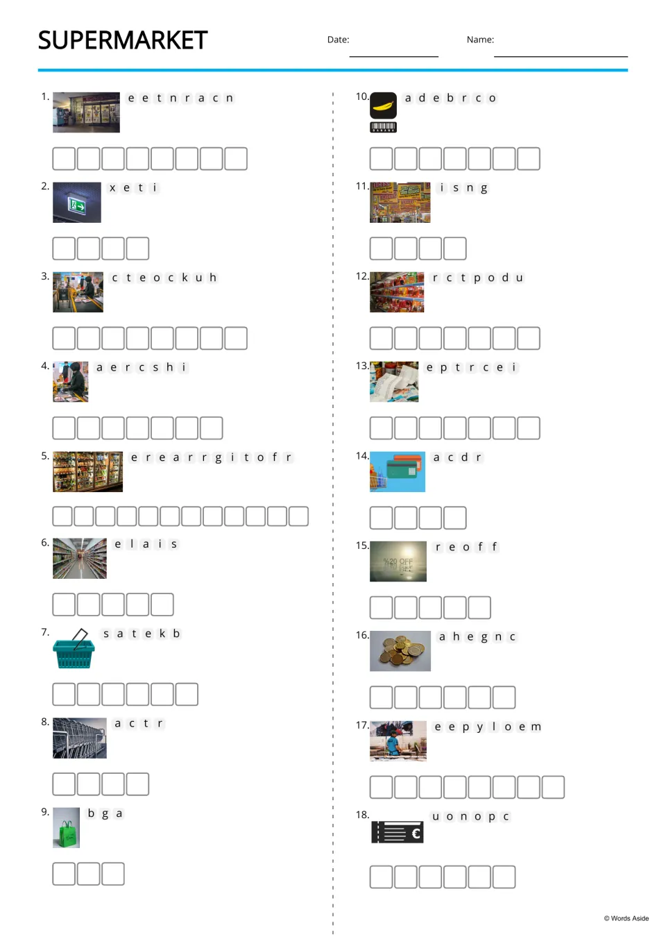Supermarket anagrams: students unscramble 18 words like entrance, cashier and coupon, each shown with a photo clue