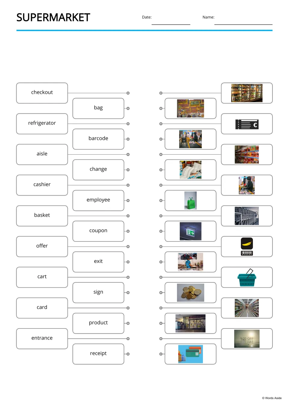 Supermarket vocabulary matching: students draw lines from words such as checkout, aisle and receipt to the matching photos