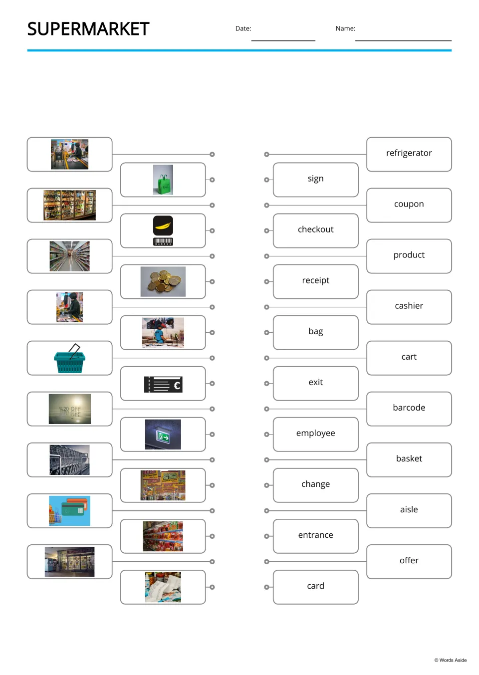 Picture-to-word matching: students connect 18 store photos, like a basket and coins, to words such as sign, cart and offer