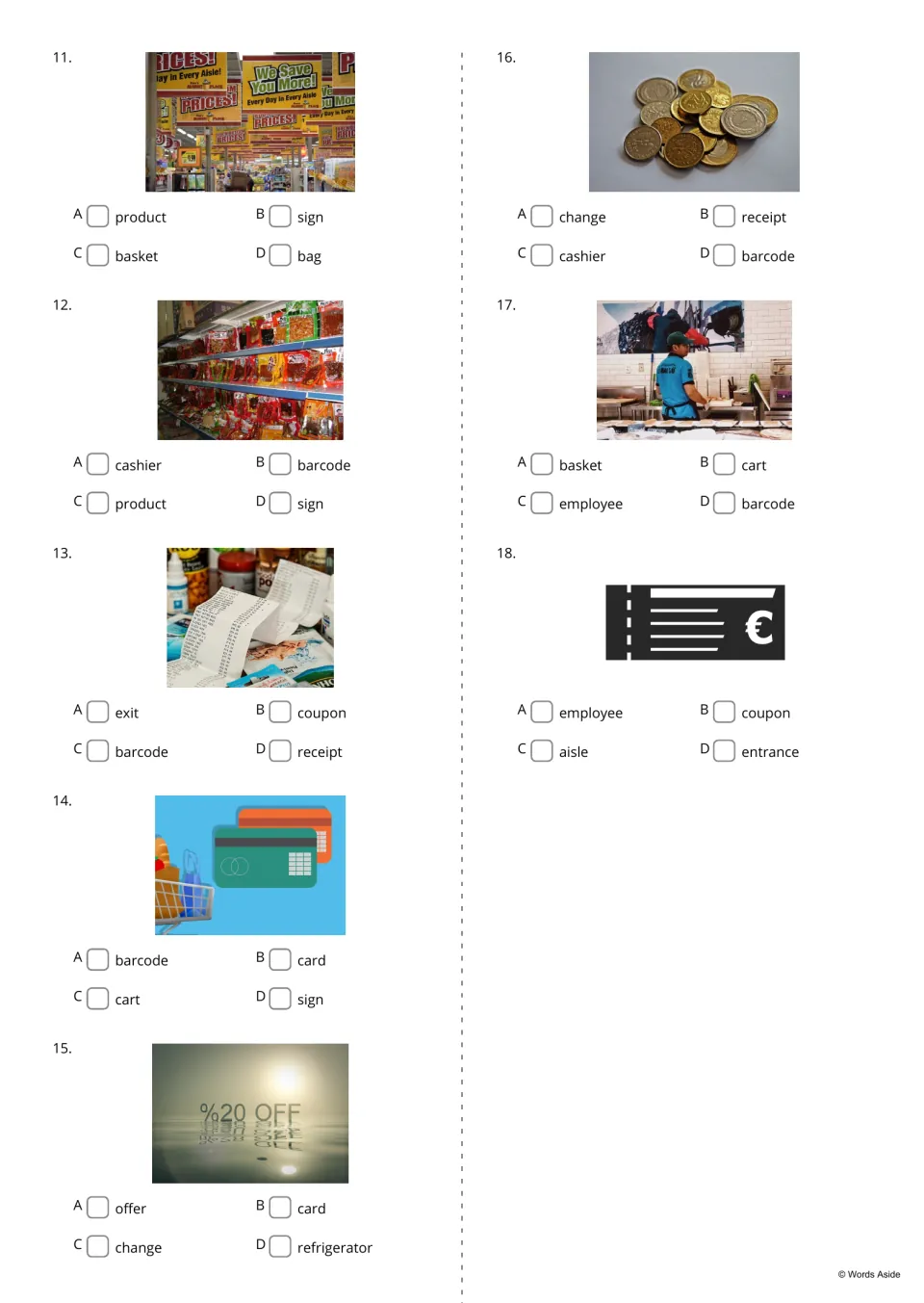 Store vocabulary quiz, items 11 to 18: students name each photo, from a sale sign to coins, by ticking one of four words