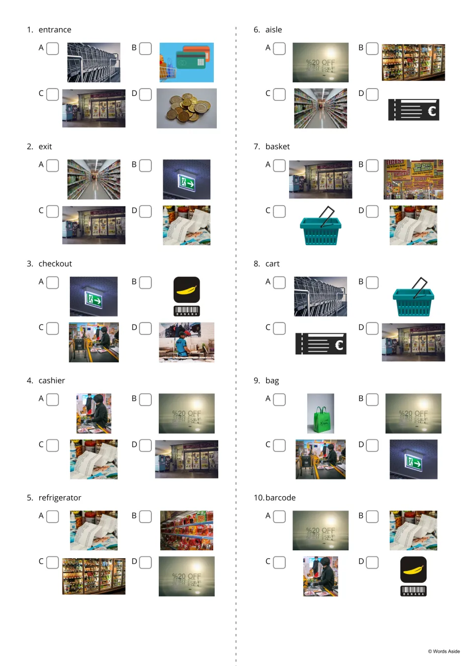 Word-to-picture quiz, items 1 to 10: students read a word such as entrance or barcode and tick the matching photo of four