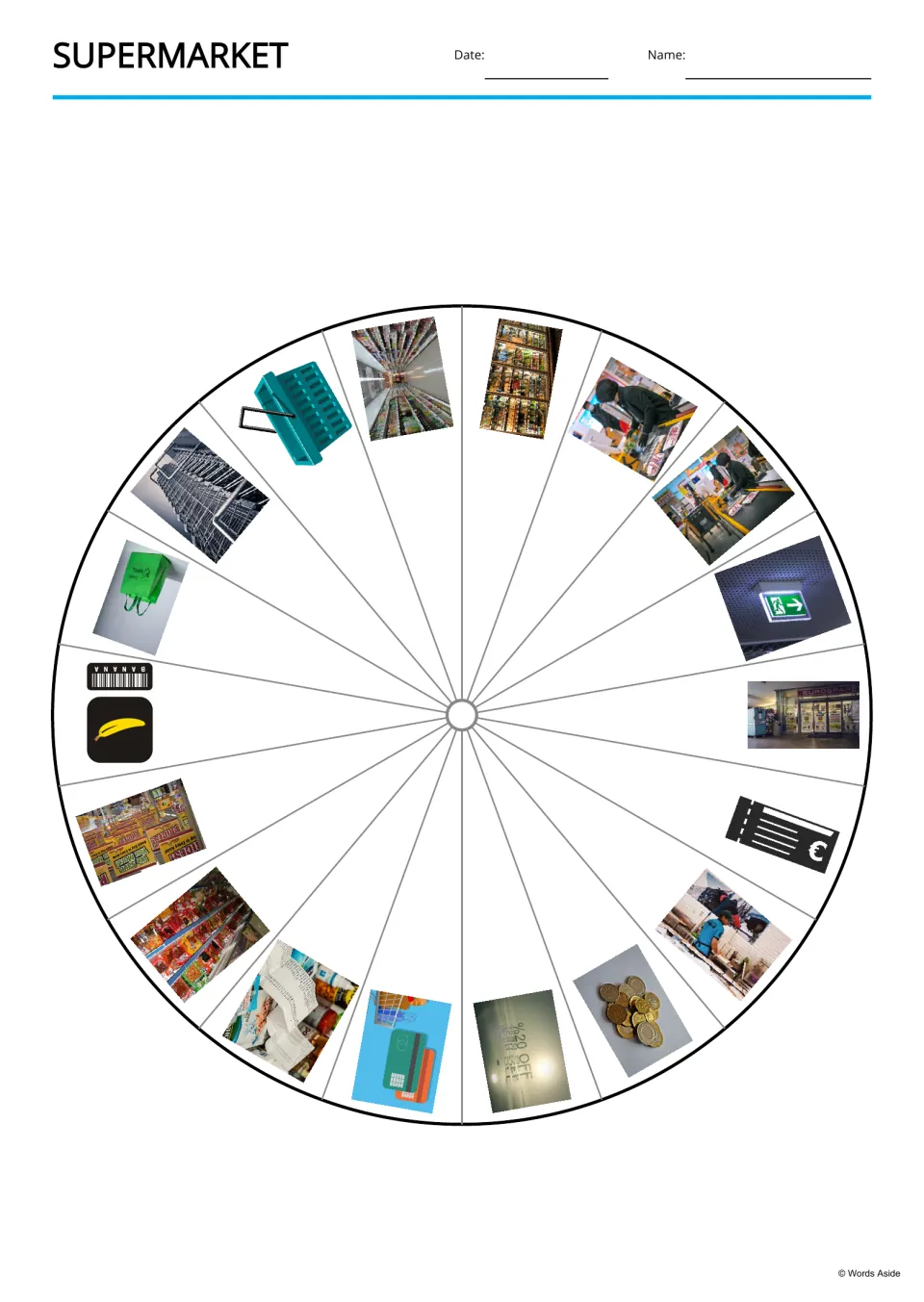 Supermarket picture wheel showing 18 store photos around a circle, including a cart, exit sign, receipt and coins