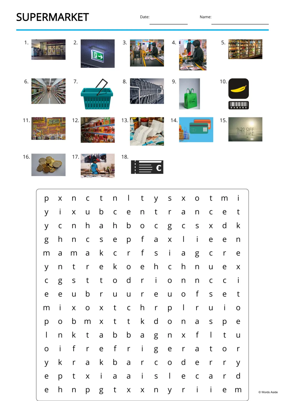 Store word search: students find 18 shopping words, such as refrigerator and barcode, using numbered photo clues