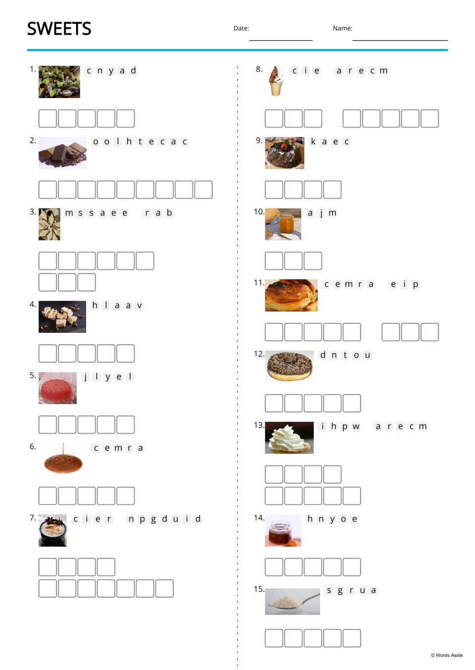 Sweets anagrams: students unscramble 15 letter sets such as c n y a d beside food photos and write each correct word