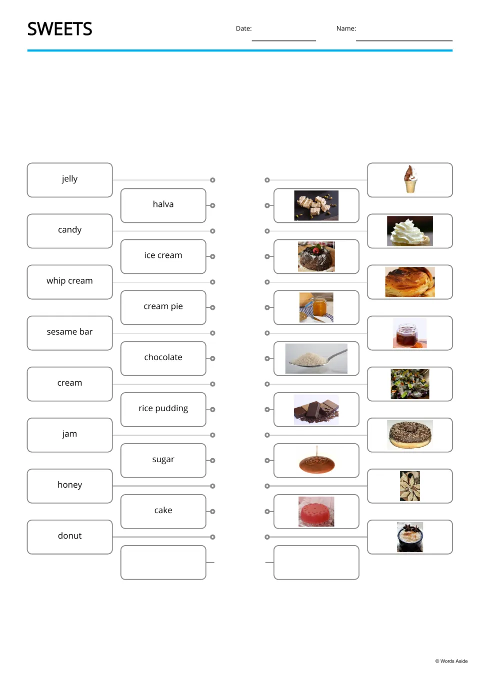 Sweets matching: students draw lines from 15 words like jelly, halva and rice pudding to photos of honey, donut and cake