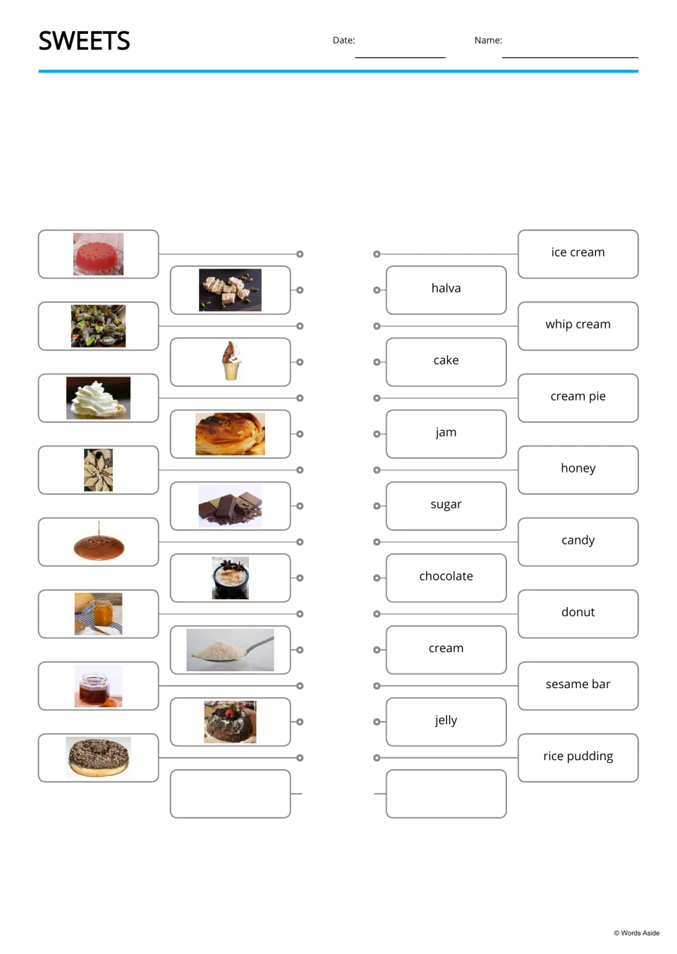 Sweets matching, reversed: students link 15 dessert photos to words such as ice cream, whip cream and sesame bar