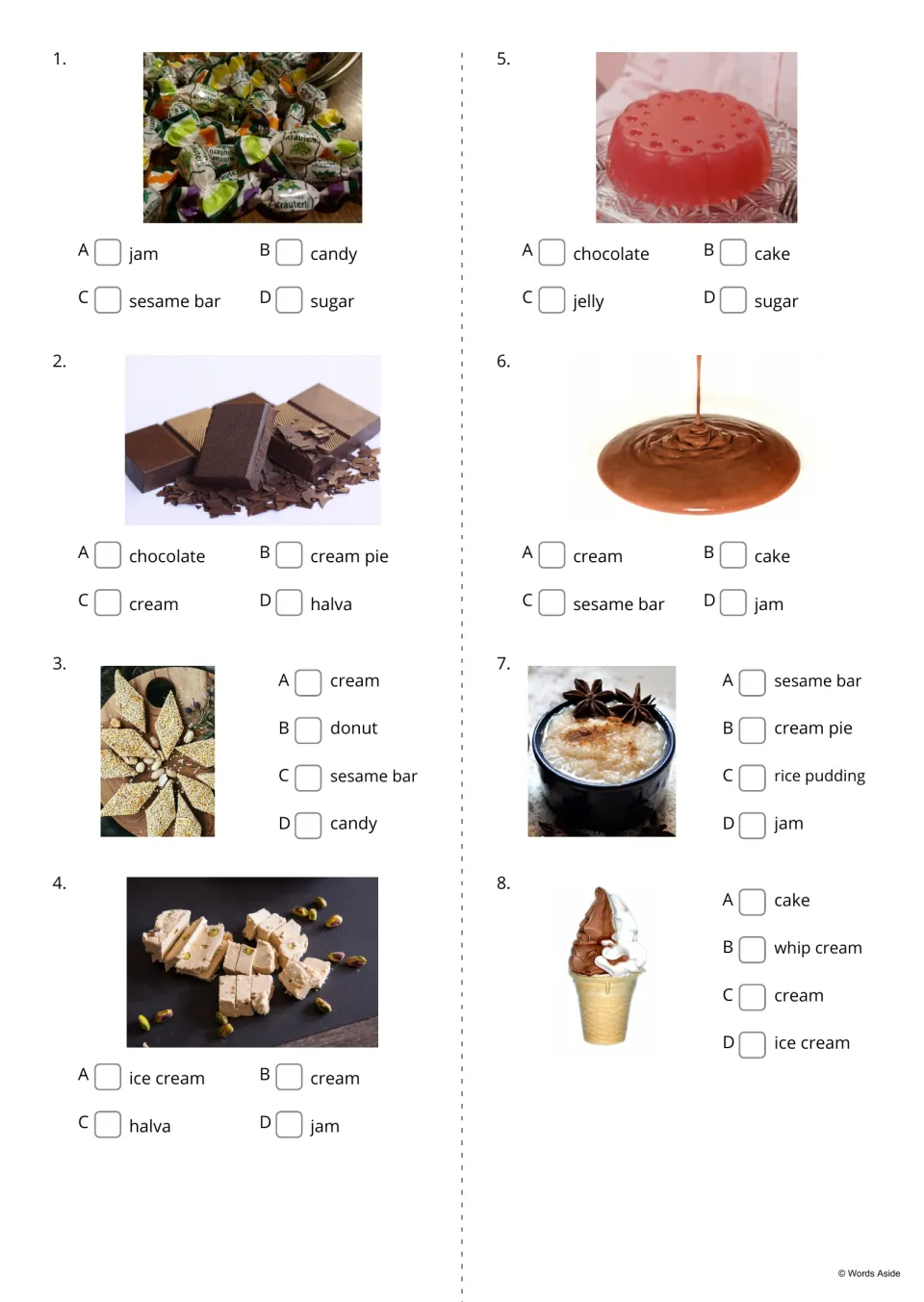 Sweets picture quiz items 1-8: students tick the right name for each sweets photo, such as candy, halva or jelly