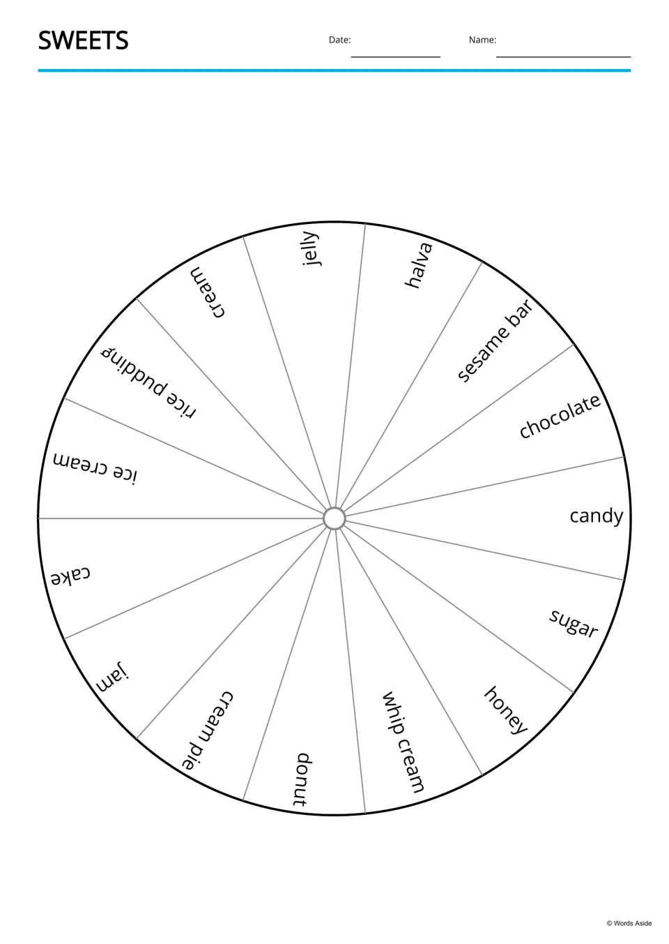 Sweets word wheel of 15 segments labeled jelly, halva, sesame bar, chocolate, candy, sugar, honey, donut, cake and more