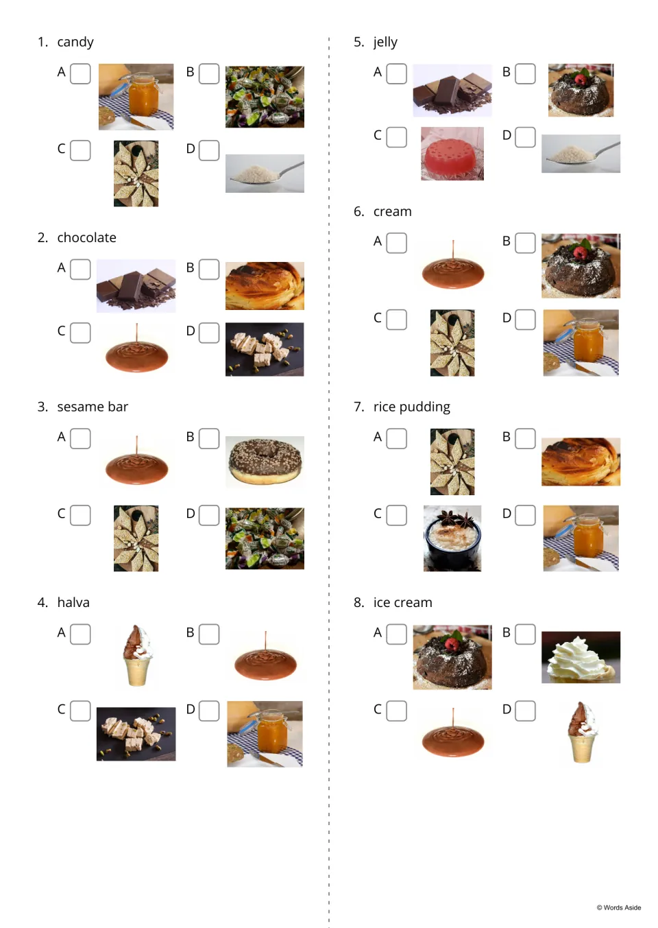 Sweets reading quiz 1-8: students read candy, sesame bar or rice pudding and tick the matching photo of four