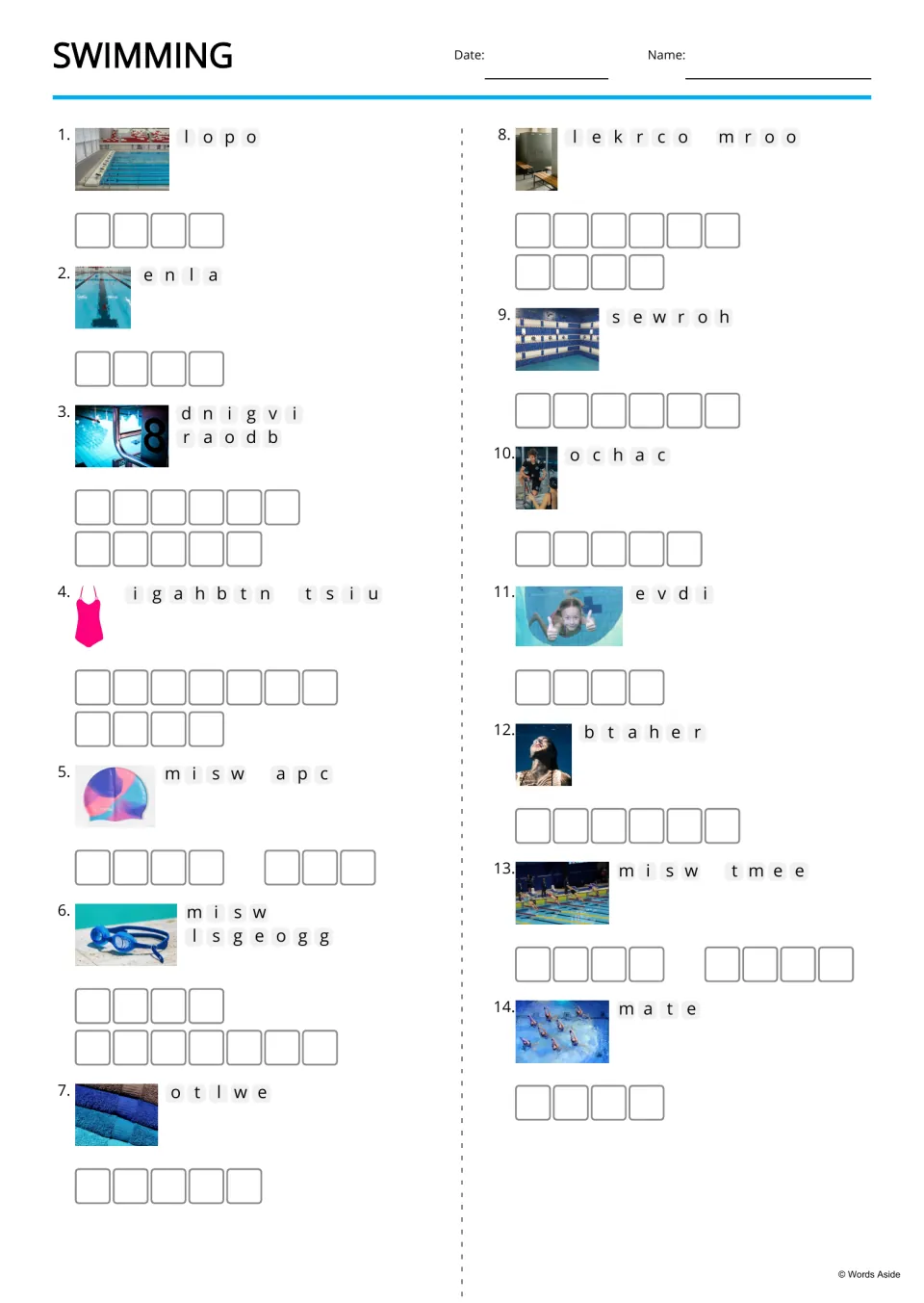 Swimming anagrams: students unscramble 14 photo-cued words like lopo (pool) and sewroh (shower) and write each one