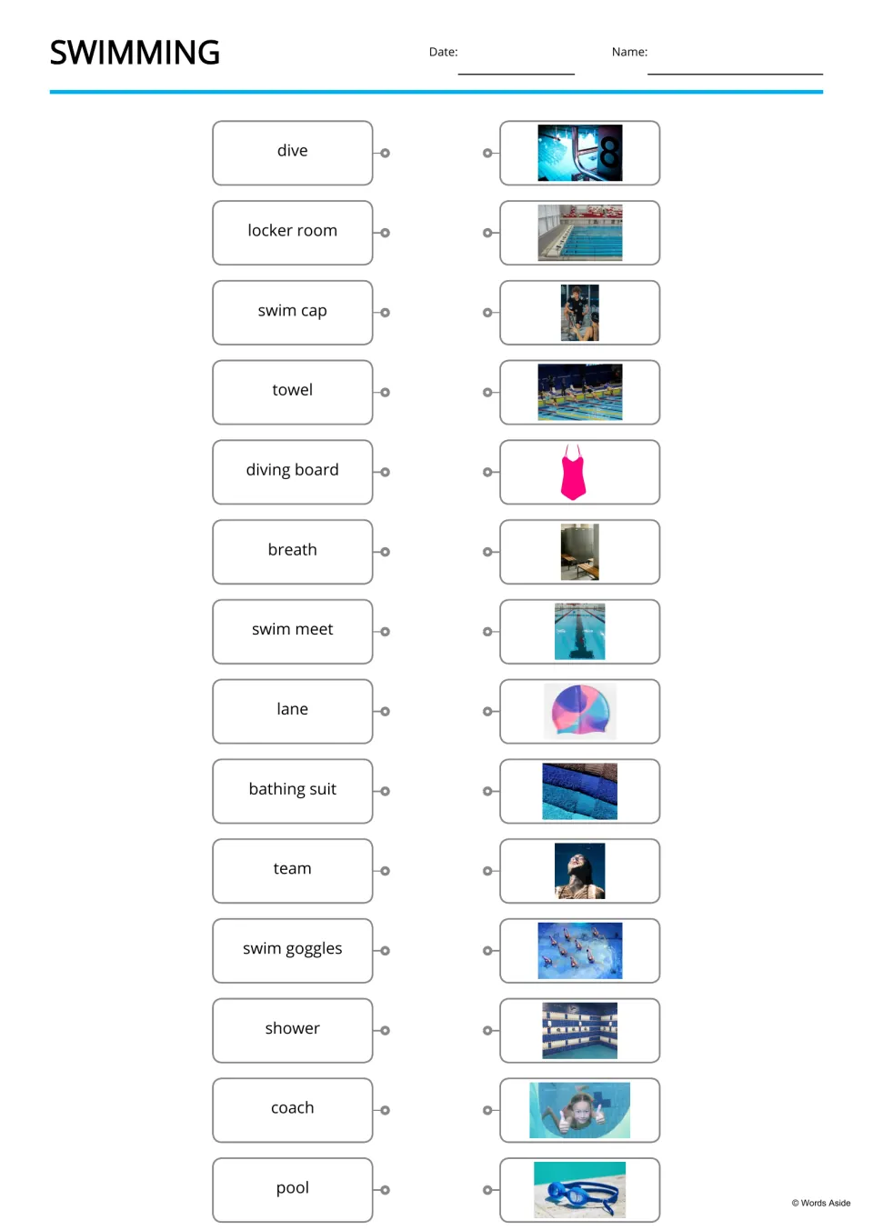Swimming vocabulary match: students connect 14 words, from dive and locker room to coach and pool, to their photos
