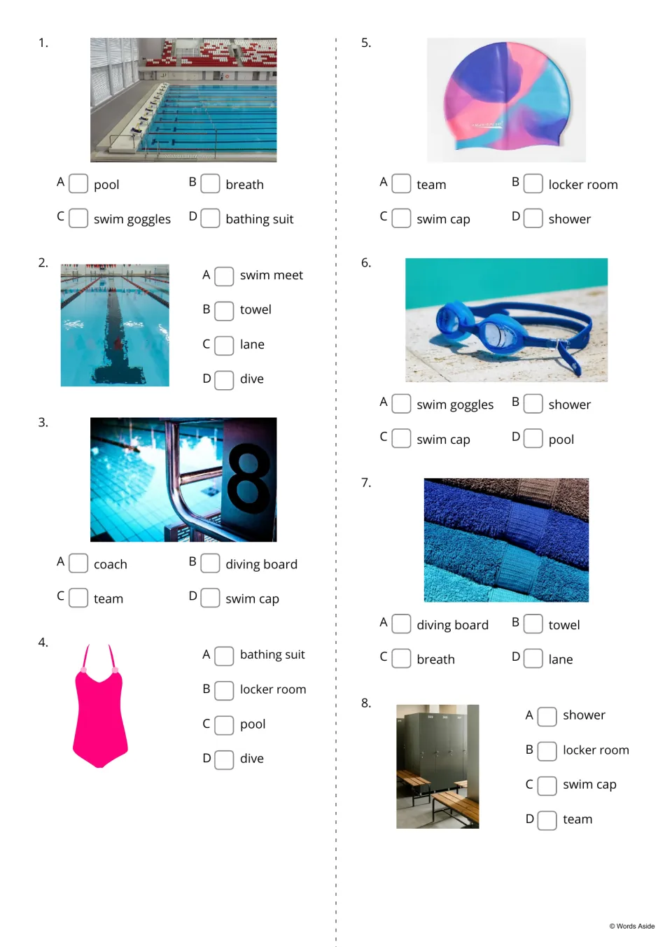 Swim picture quiz, items 1-8: students tick which of four words names each photo, such as pool, lane, swim cap or towel
