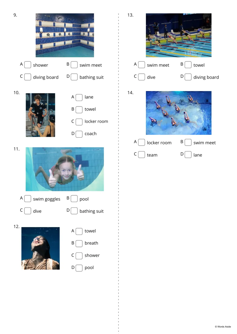 Swim picture quiz, items 9-14: students choose the word for photos of a shower, a coach, a dive, a breath and a team