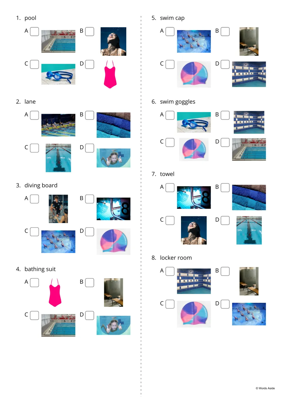 Word-to-picture quiz, items 1-8: students read pool, lane, diving board, towel and more, then tick the matching photo