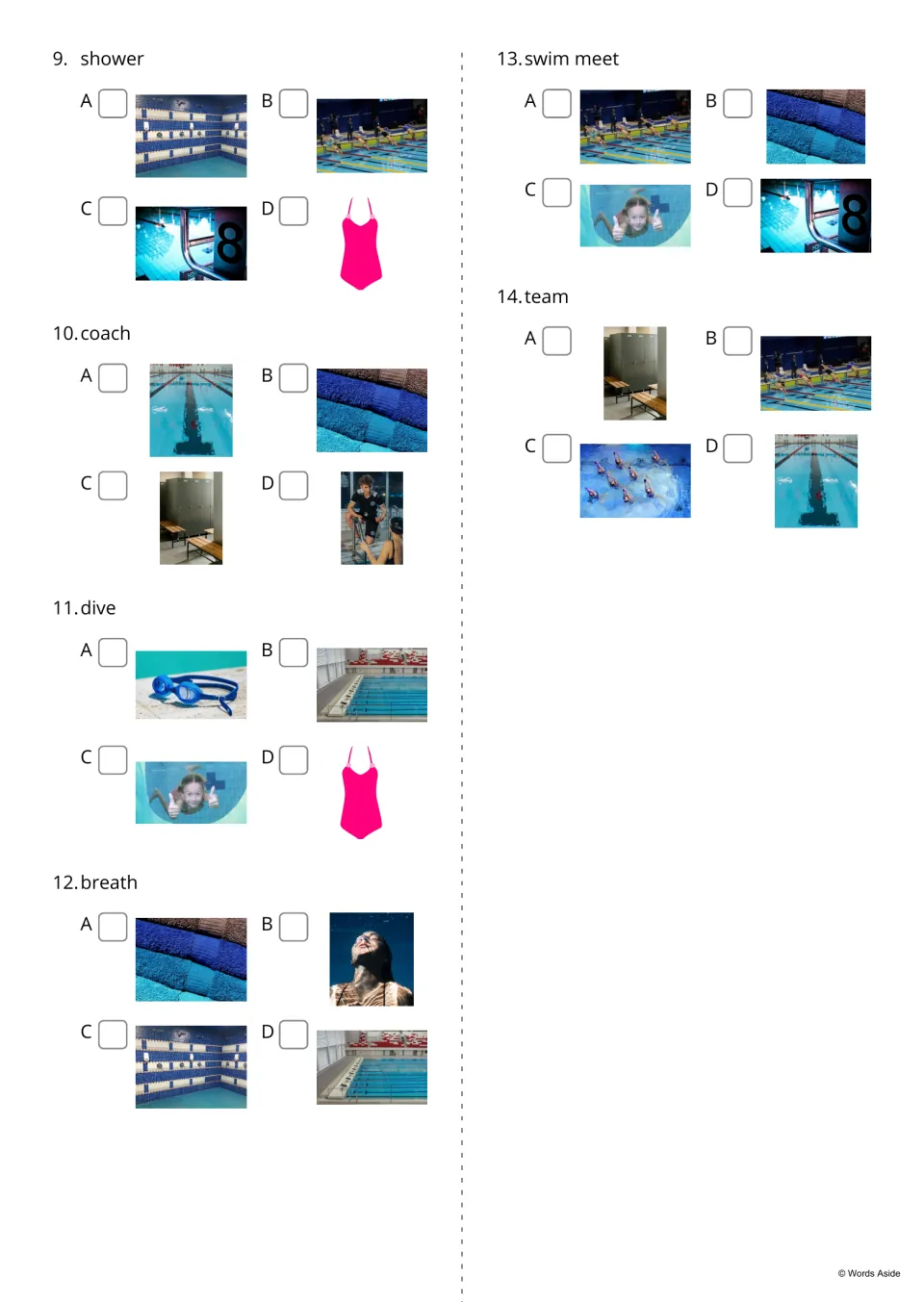 Word-to-picture quiz, items 9-14: students read shower, coach, dive, breath, swim meet and team and tick the right photo