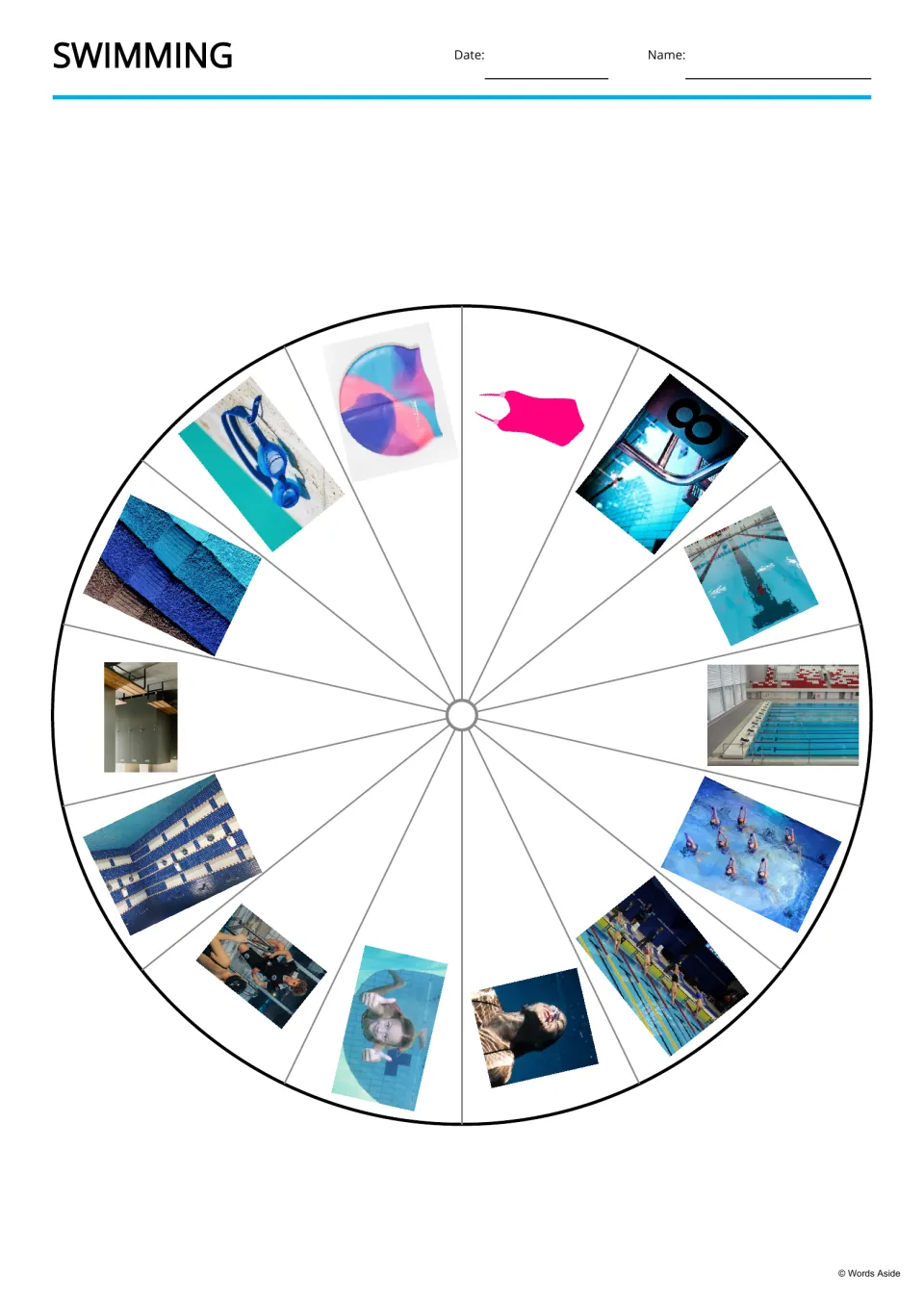 Swim picture wheel: 14 photos, including a swim cap, goggles, towels, lockers and a coach, arranged around a circle
