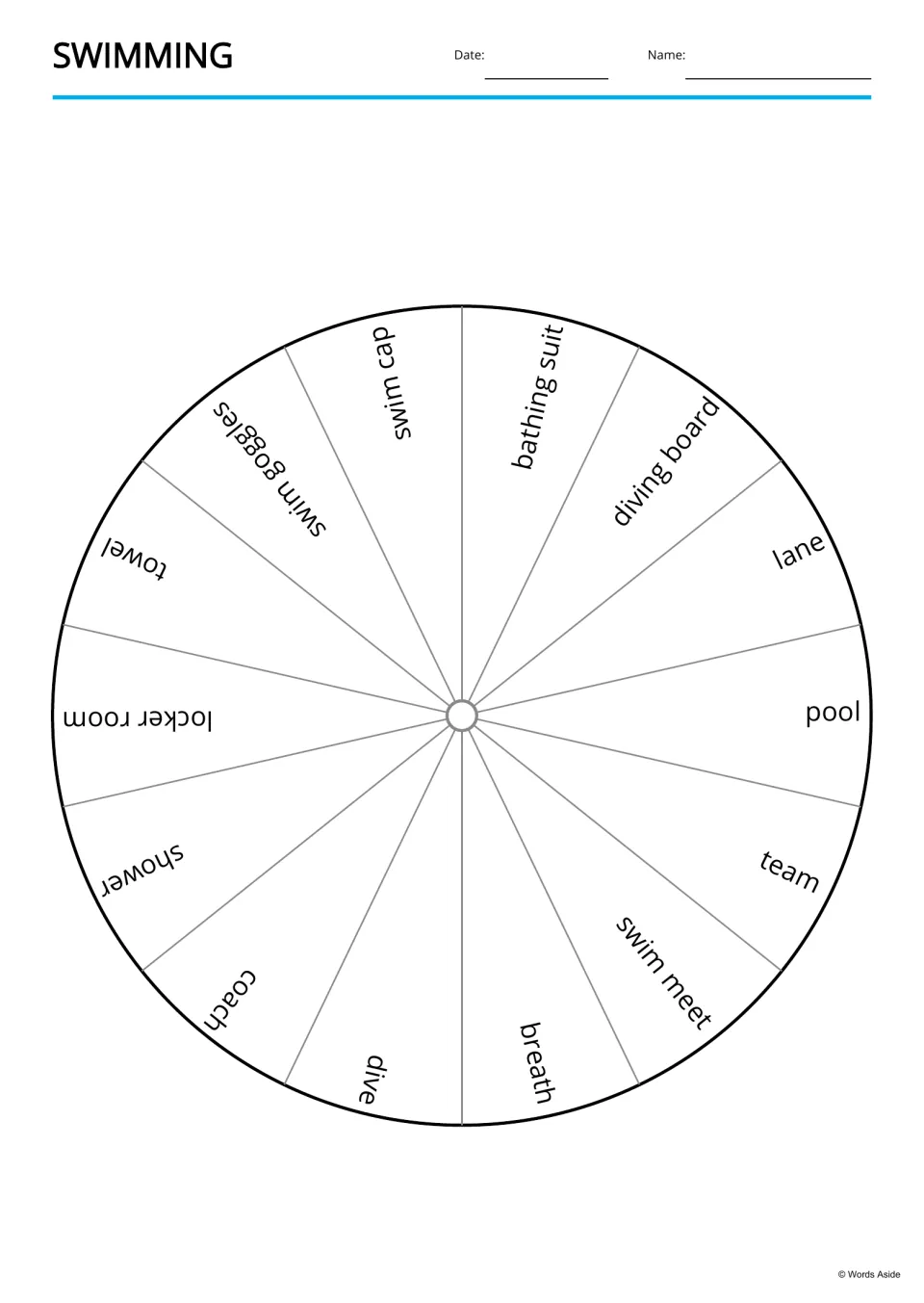 Swim word wheel: the 14 vocabulary words, from swim cap and bathing suit to dive and breath, written around a circle