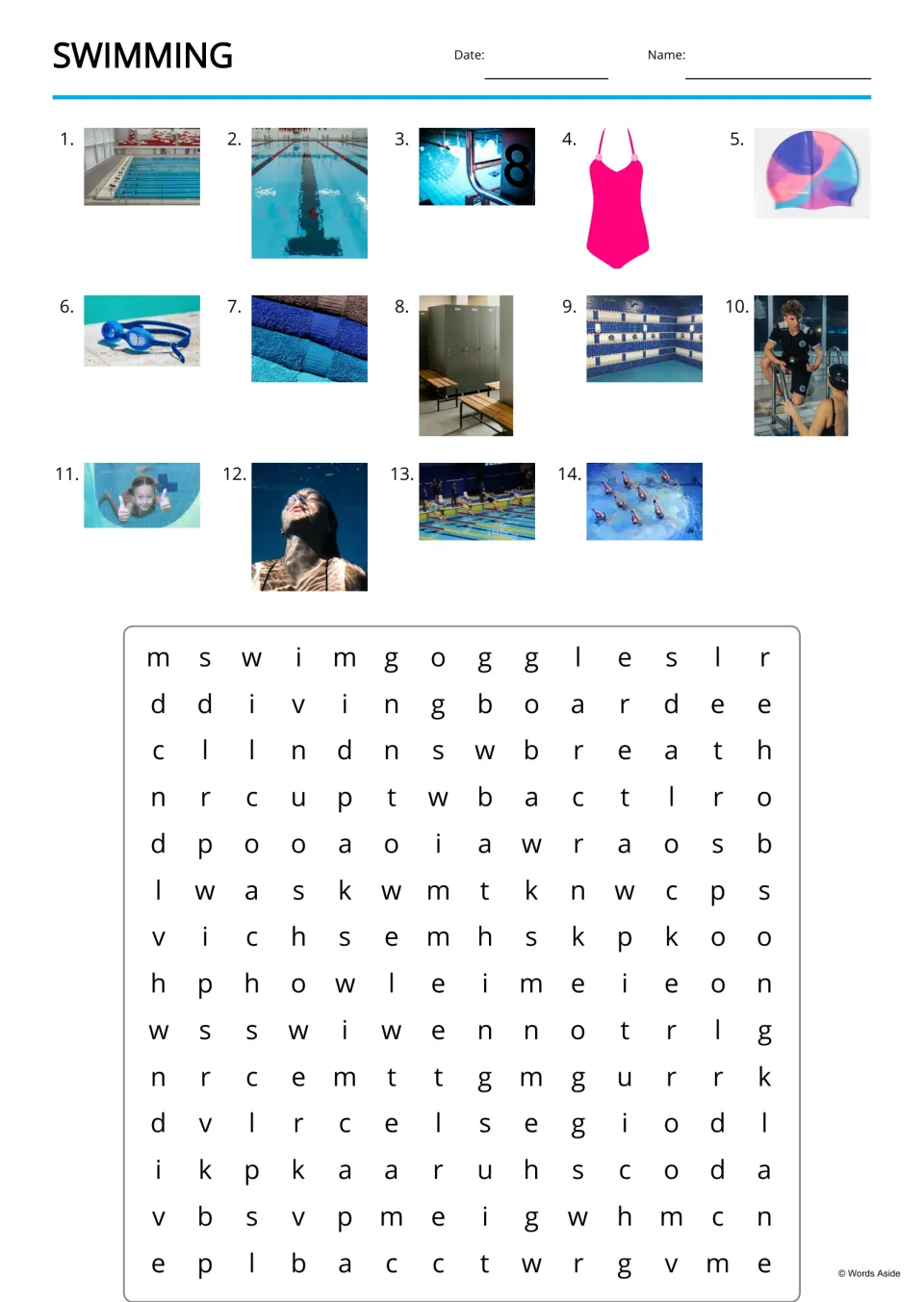Swimming word search: students find 14 photo-cued words such as swim goggles, diving board and breath in a letter puzzle