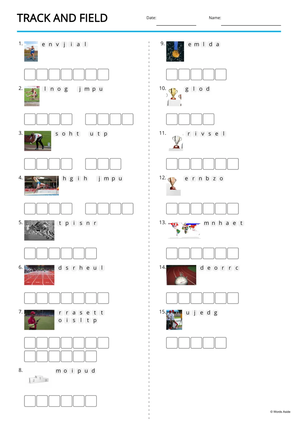 Track and field anagrams: students unscramble 15 photo-cued words such as javelin, hurdles and podium