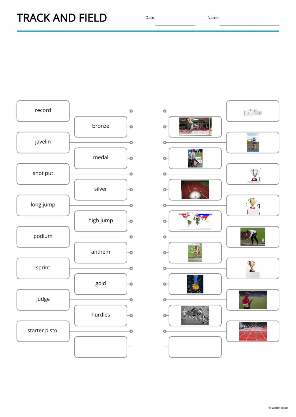 Vocabulary matching: students draw lines from track and field words like shot put and anthem to matching photos