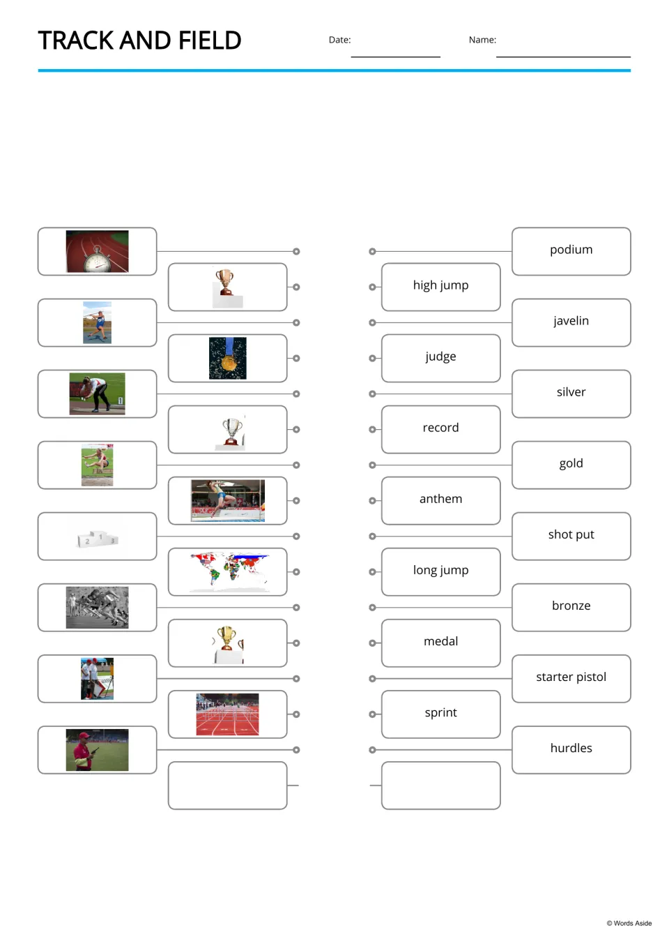 Picture-to-word matching: students link photos of a stopwatch, trophies and athletes to words like podium and judge