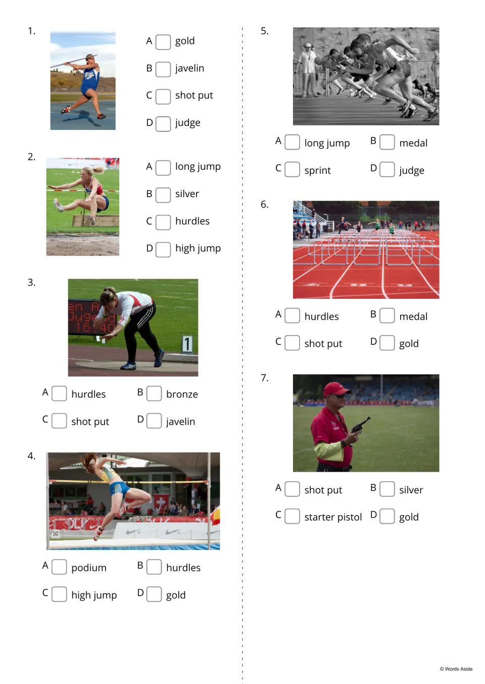 Picture quiz items 1-7: students tick the word naming each sports photo, such as javelin, sprint or hurdles