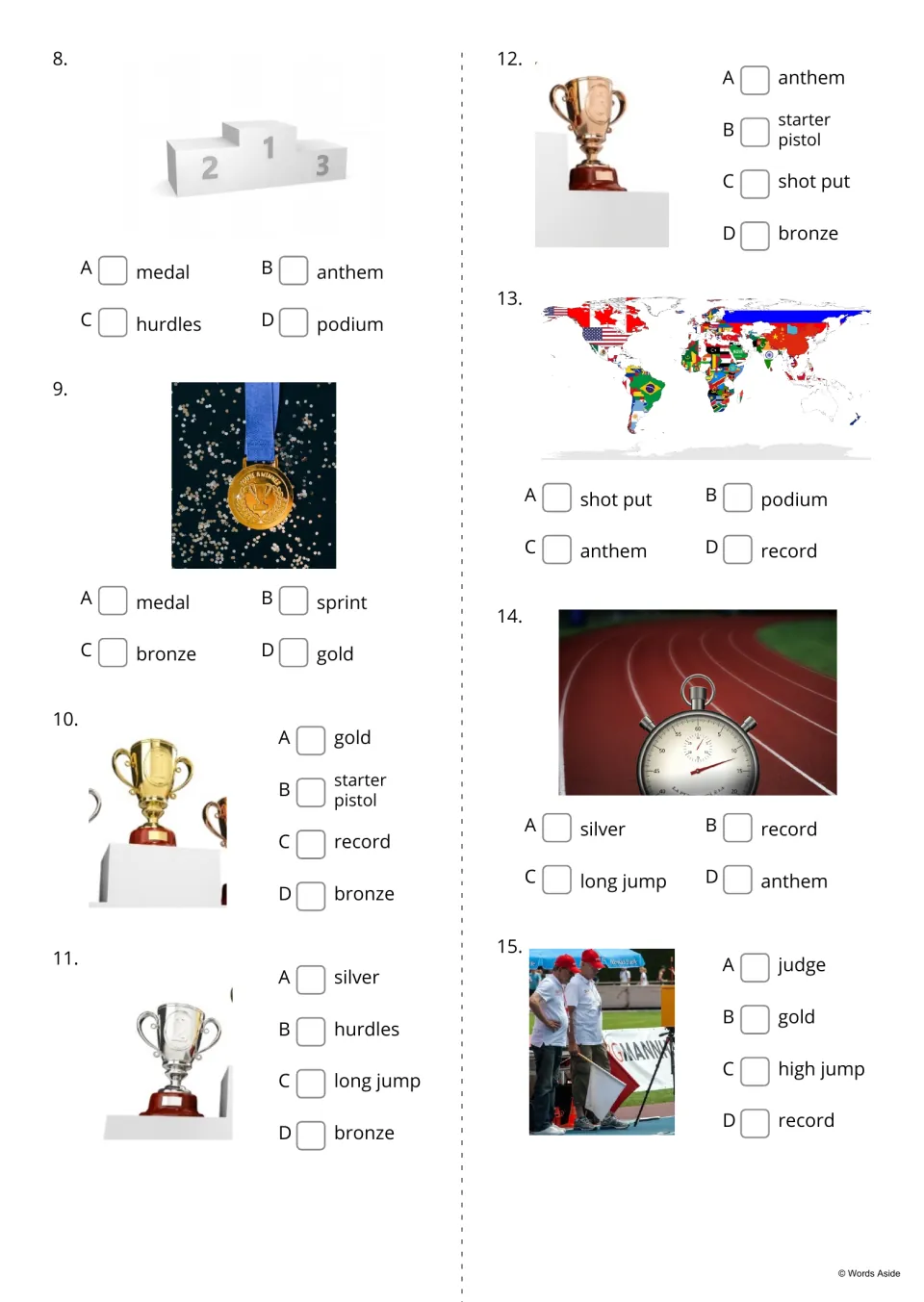 Picture quiz items 8-15: students pick the word for a podium, medal, trophies, flag map, stopwatch and judges