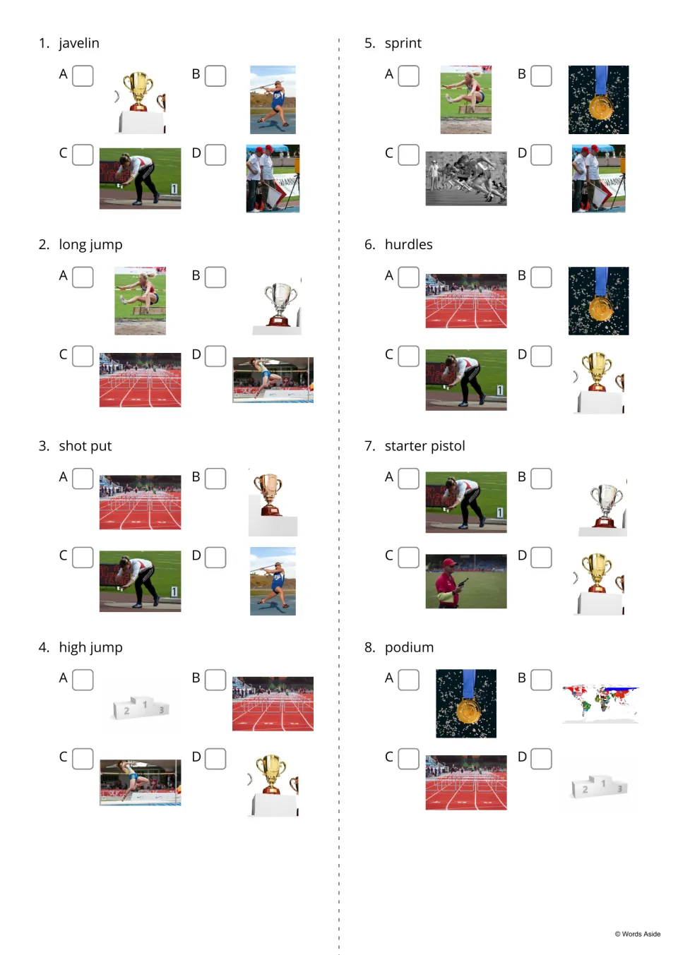 Word-to-picture quiz 1-8: students tick which of four photos shows javelin, long jump, starter pistol and more