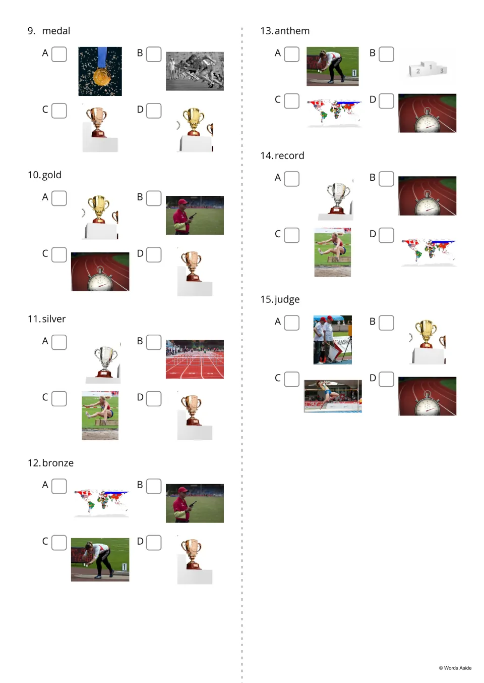 Word-to-picture quiz 9-15: students tick the photo that shows medal, gold, silver, bronze, anthem, record or judge