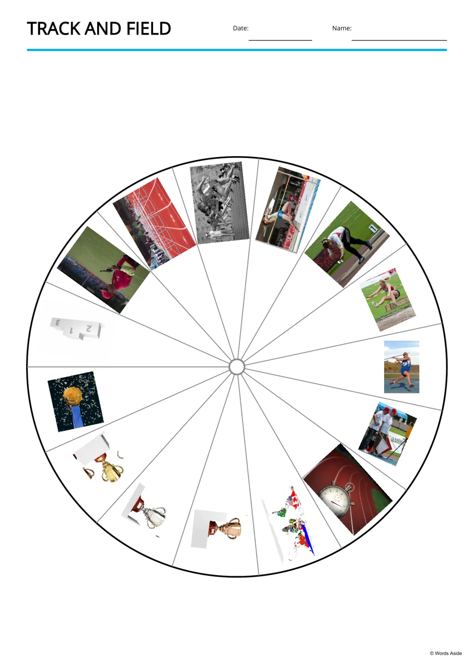 Cut-out piece: picture wheel of 15 track and field photos, including hurdles, a sprint start and a stopwatch