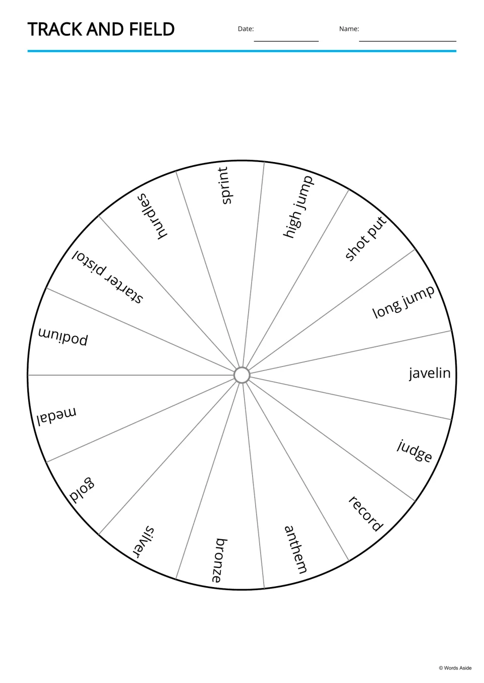 Cut-out piece: word wheel of 15 track and field terms, from sprint and high jump to gold, silver and bronze