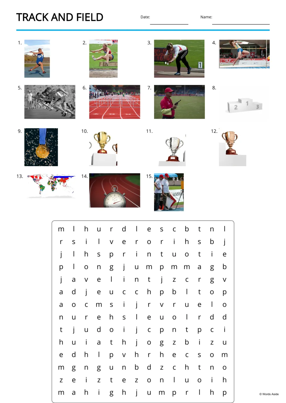 Word search: students find 15 track and field words in the letter grid and write each beside its numbered photo